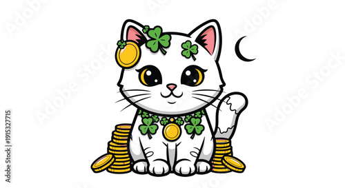 Lucky Cat with coins and shamrock charms under Crescent Moon