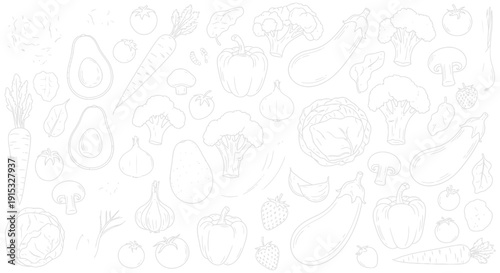 Assorted vegetables and fruits illustrations showcase diverse shapes and forms in a detailed line art style