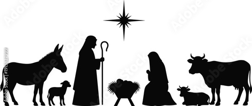 Christmas Nativity Scene Silhouette with Joseph, Mary, Baby Jesus, Manger, Bethlehem Star, Donkey, Cow, Sheep, Religious Holiday Vector, CAD Drawing Flat Vector Illustration,