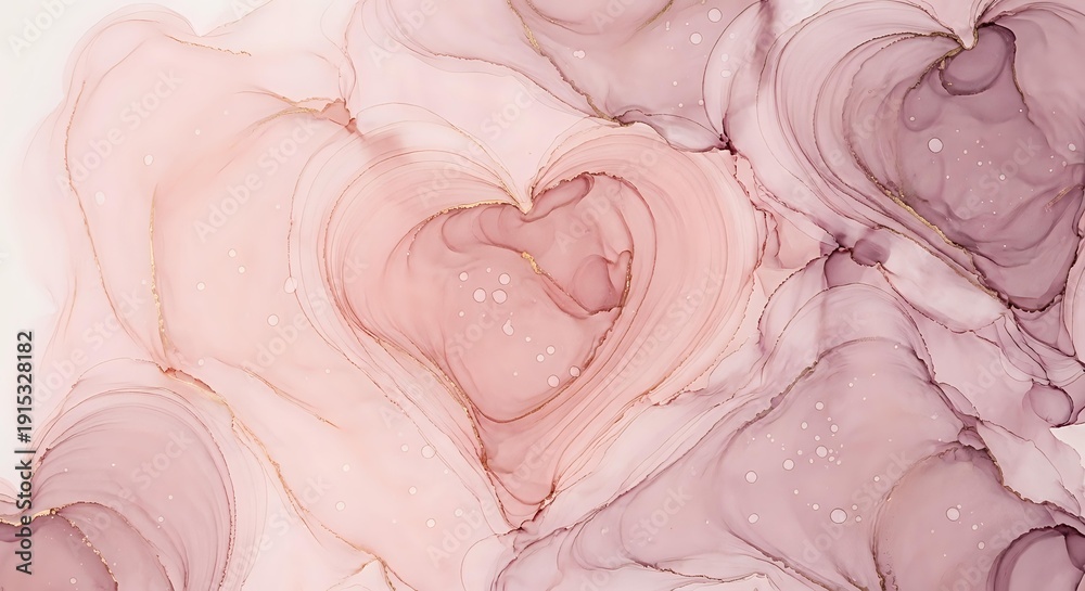 Fototapeta premium Abstract pink and rose gold fluid art with heart-shaped swirls and marble texture for romantic designs and Valentine's Day projects.