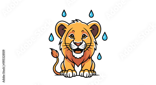 Lion cub cartoon with water droplets