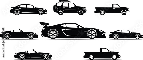 Car Silhouette Vector Set, Sedan, SUV with Roof Rack, Pickup Truck, Convertible, Sports Car with Spoiler, Coupe, Transportation Side View,