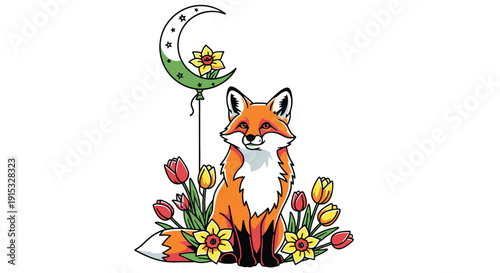 Fox Sitting with Moon Balloon and Spring Flowers