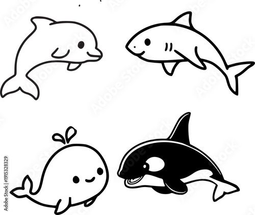 Cute Dolphin, Shark, Whale and Orca Cartoon Set Black and White Illustration
