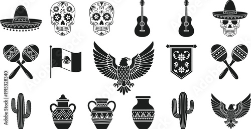 Mexican Culture Vector Icon Set featuring Sugar Skulls, Sombreros, Maracas, Guitars, Cactus, Eagle, Flag, and Traditional Pottery for Cinco de Mayo.