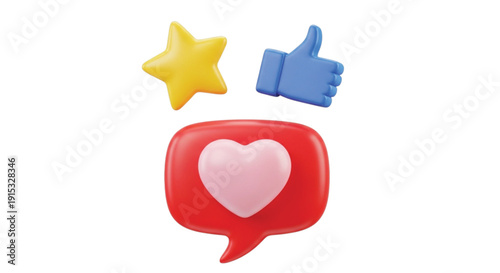 Colorful 3D icons against white: yellow star, blue thumbs-up, and red speech bubble with pink heart, conveying positivity and social media interaction.