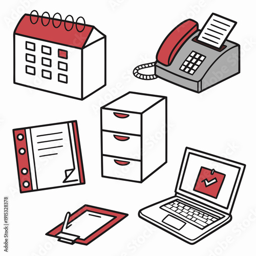 Office administration set with calendar phone laptop and office supplies 1