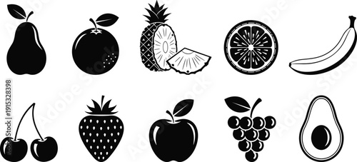 Comprehensive black fruit icon collection featuring silhouettes of pear, orange, pineapple, citrus, banana, cherry, strawberry, apple, grapes, and avocado for design.