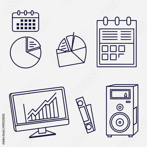 Office reporting set with calendar pie chart graph