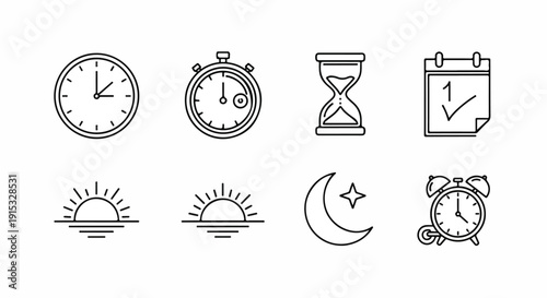 Diverse icons representing time, schedules, and celestial bodies Vector