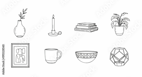 A collection of various objects including plants, a candle, and a bowl Vector