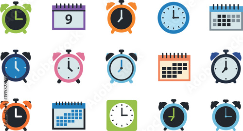 Alarm Clock and Calendar Vector Set Featuring Time Management, Schedule Planning, Reminder Icons, and Daily Organization Tools