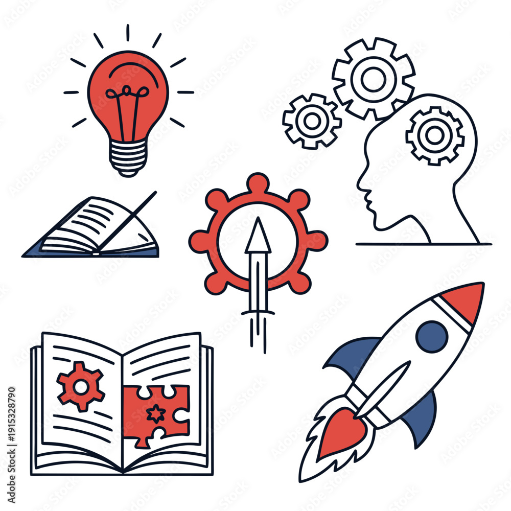 Fototapeta premium Six of learning innovation with gears and rocket lightbulb