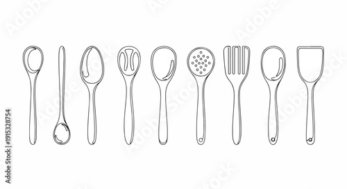 A variety of kitchen utensils and tools, including spoons, spatulas, and whisks. Vector