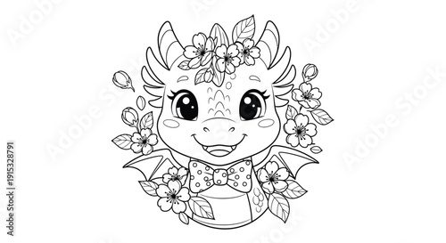 Cute Dragon Head with Flowers Crown and Bow Tie