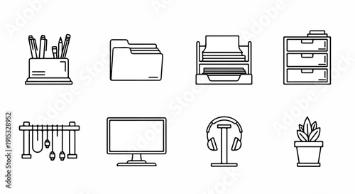 A collection of various office and workspace items in a simple line drawing style Vector
