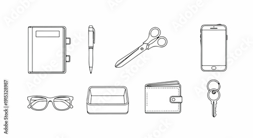 Assorted items including a book, pen, scissors, phone, glasses, wallet, keys, and a notebook Vector