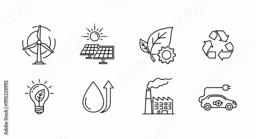 Icons representing renewable energy, sustainability, and environmental initiatives Vector