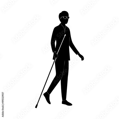A visually impaired person walking with a white cane, illustration, simple silhouette