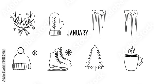 A collection of winter-themed illustrations showcasing various seasonal elements and activities Vector