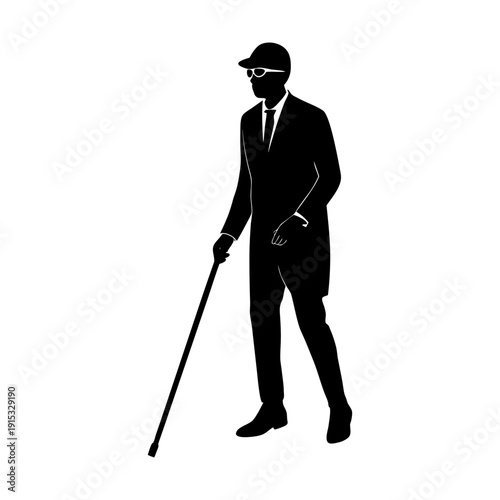 A man in a suit and sunglasses walks with a cane, illustration, modern style, monochrome, full-body view