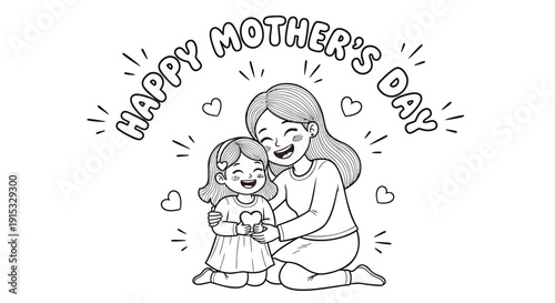 Mother and daughter celebrating Happy Mother's Day with hearts and smiling faces in a vector illustration
