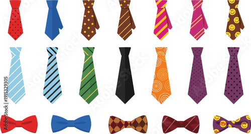 Men Necktie and Bow Tie Vector Set Featuring Formal, Casual, Patterned Ties and Stylish Accessories for Business and Fashion Designs