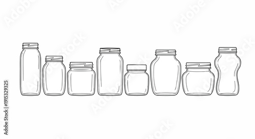 Assorted glass jars of various shapes and sizes arranged in a row Vector