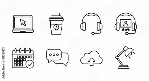 Illustrations of various objects representing work from home and remote work activities Vector
