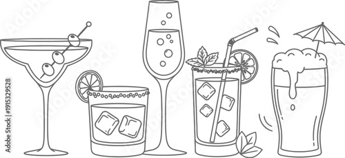 Cocktail, barware, martini glasses, coupe glasses, and highball glasses. 