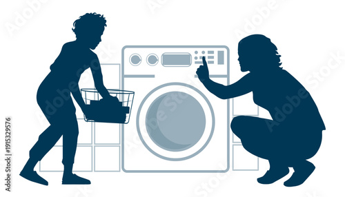 Family silhouettes. The daughter helps her mother with housework. Vector illustration.