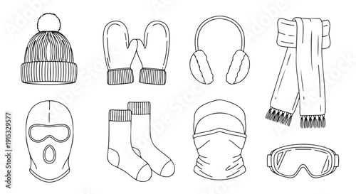 A collection of winter accessories including hats, gloves, and goggles Vector