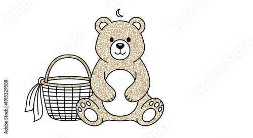 Cute teddy bear with basket picnic scene
