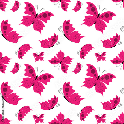Seamless vector pattern of vibrant magenta butterflies with black swirly wing details. Bold, energetic design for textiles and spring or summer decor.