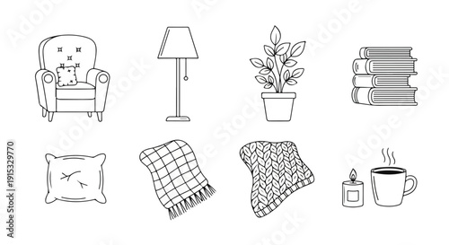 A cozy living room with a variety of comfortable and decorative items. Vector