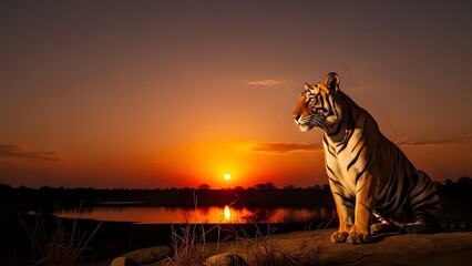 Majestic tiger sitting on rocky outcrop during golden sunset over tranquil lake, wildlife photography showcasing big cat in natural habitat with dramatic lighting.