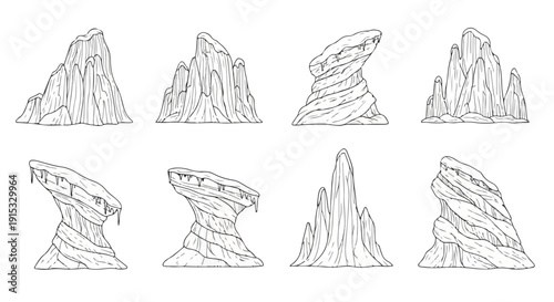 Eight distinct illustrations of mountain ranges and peaks in a minimalist style Vector