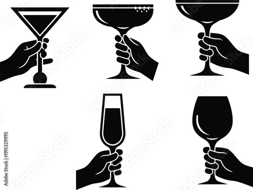 Cocktail, barware, martini glasses, coupe glasses, and highball glasses. 