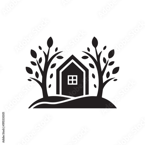 Black House Silhouette Framed by Symmetrical Leafy Trees on Rolling Hills.