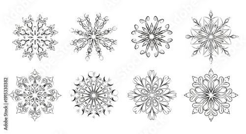 Intricate and varied snowflake designs showcasing unique patterns and structures. Vector