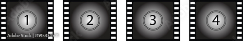 Vintage Film Countdown Frames Set with Numbers 1 to 4 – Classic Movie Leader Screen in Filmstrip Frame Vector Illustration