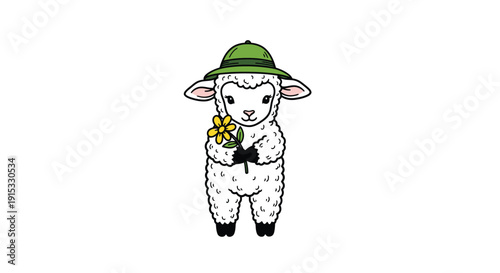 Cute lamb in green hat holding yellow flower