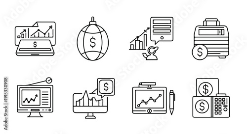 Icons representing various aspects of business and finance. Vector
