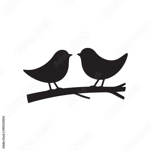  Two Birds Perched On Tree Branch Black Vector Silhouette Mascot Illustration.