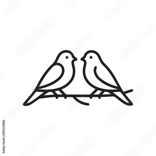  Two Birds Perched On Tree Branch Black Vector Silhouette Mascot Illustration.