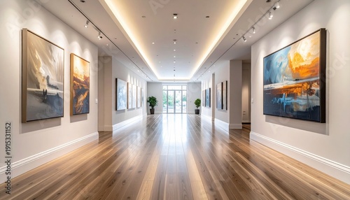 Elegant illuminated art gallery hallway with polished wood floors and framed paintings