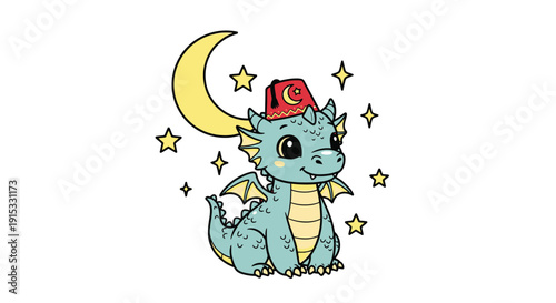 Cute Blue Dragon Baby with Moon Hat in Night Sky