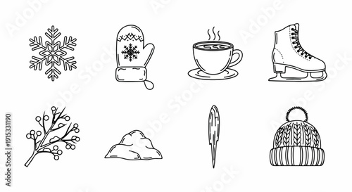 A collection of winter-themed illustrations including snowflakes, mittens, and more Vector