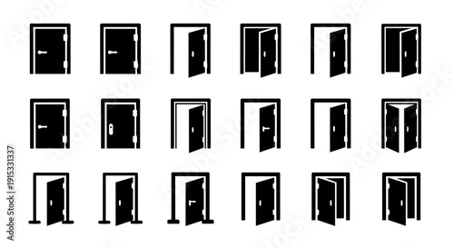 Open door icon set – entrance, exit and doorway vector icons collection