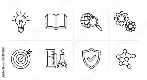 Icons representing various aspects of education, research, and innovation Vector